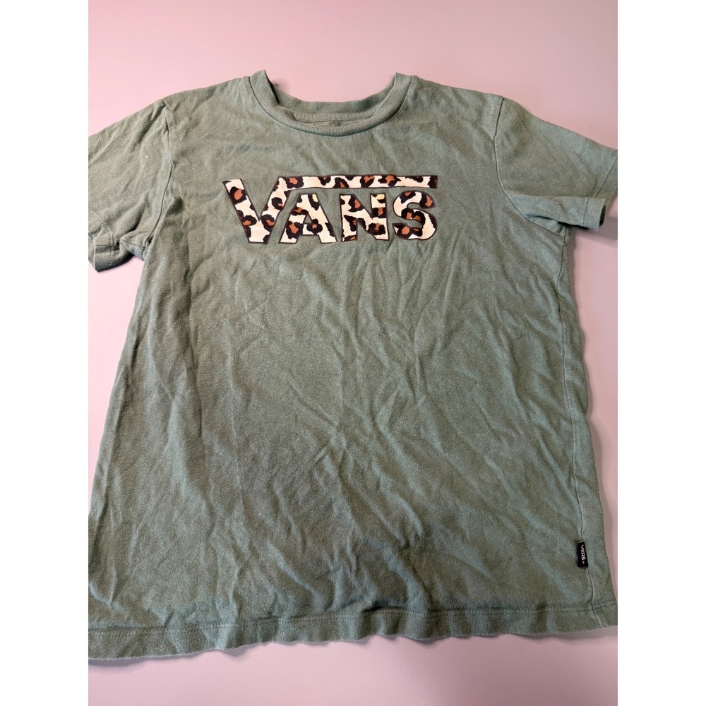 Vans Womens Small crop Sage Green Leopard Print Graphic Logo Short Sleeve